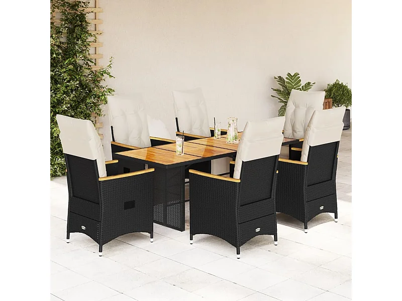 7-tlg. Garten-Bistro-Set mit Kissen Schwarz Poly Rattan