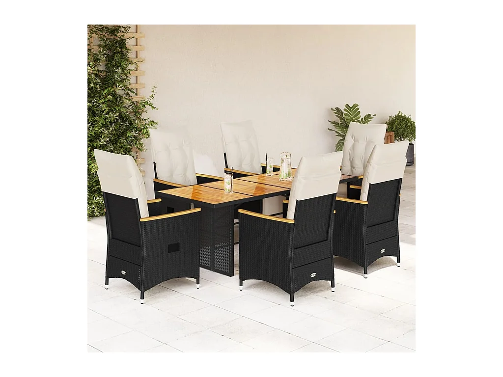 7-tlg. Garten-Bistro-Set mit Kissen Schwarz Poly Rattan