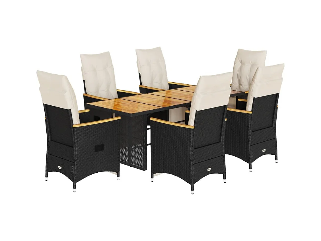 7-tlg. Garten-Bistro-Set mit Kissen Schwarz Poly Rattan