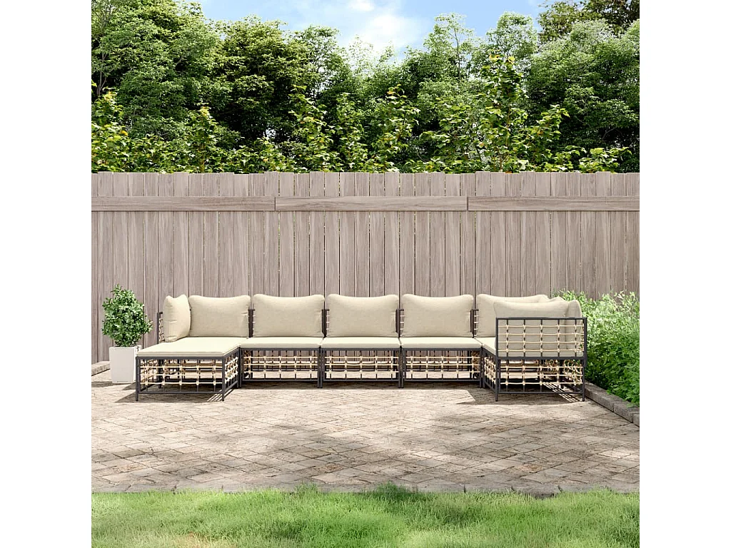 7 pcs conjunto lounge de jardim c/ almofadões vime PE antracite