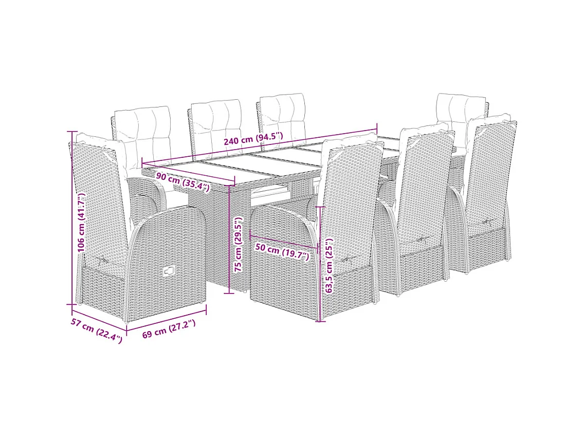 Ensemble à manger de jardin 9pcs coussins noir résine tressée