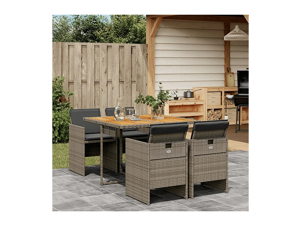Set da Pranzo da Giardino 5 pz con Cuscini in Polyrattan Grigio