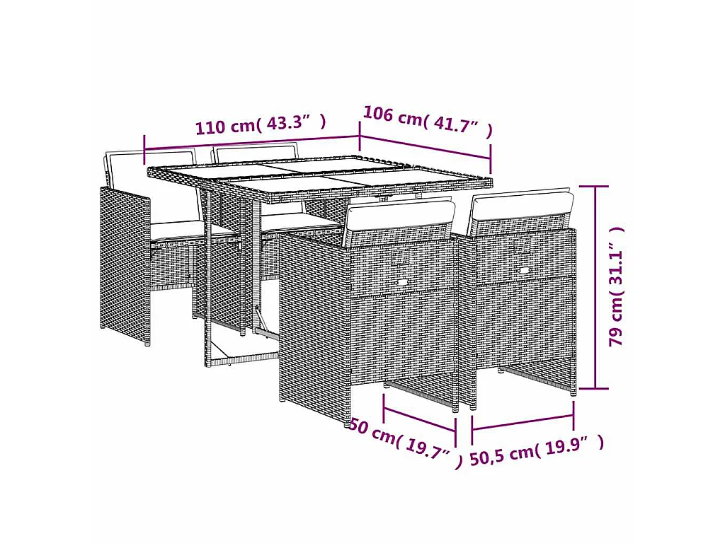 Set da Pranzo da Giardino 5 pz con Cuscini in Polyrattan Grigio