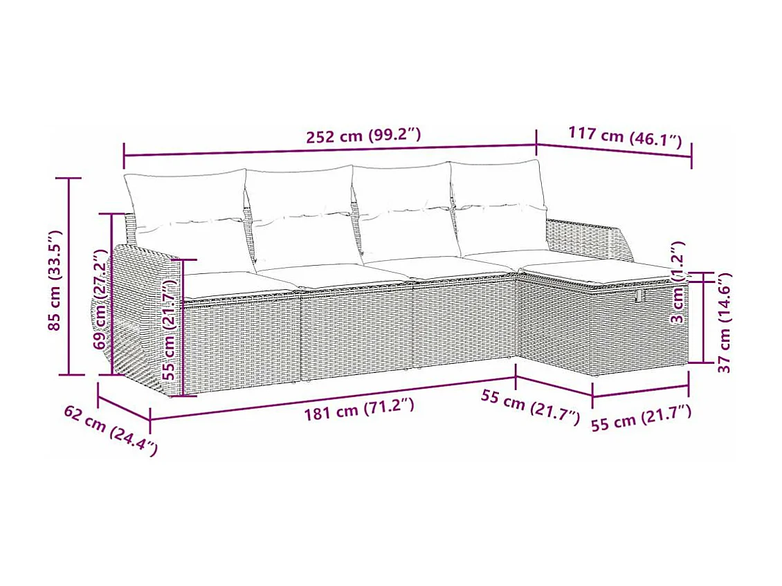 5-delige Loungeset met kussens poly rattan beige