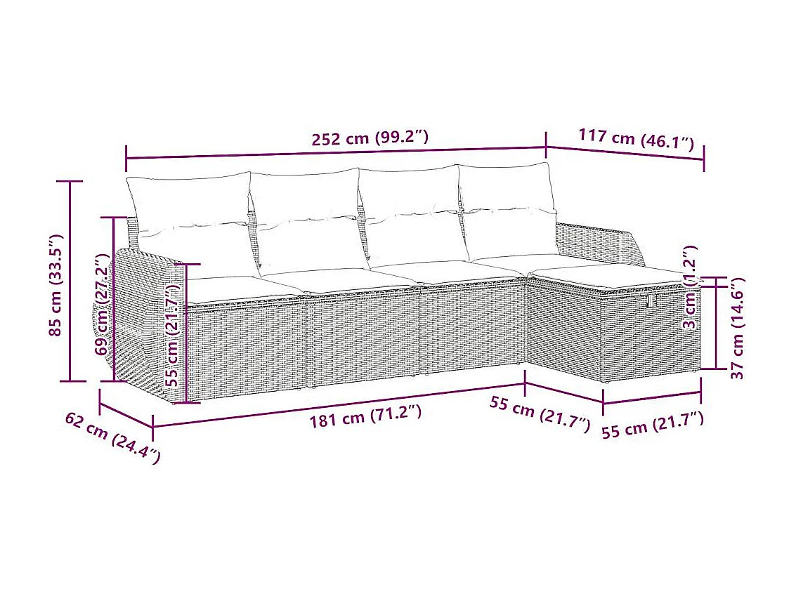 5-delige Loungeset met kussens poly rattan beige