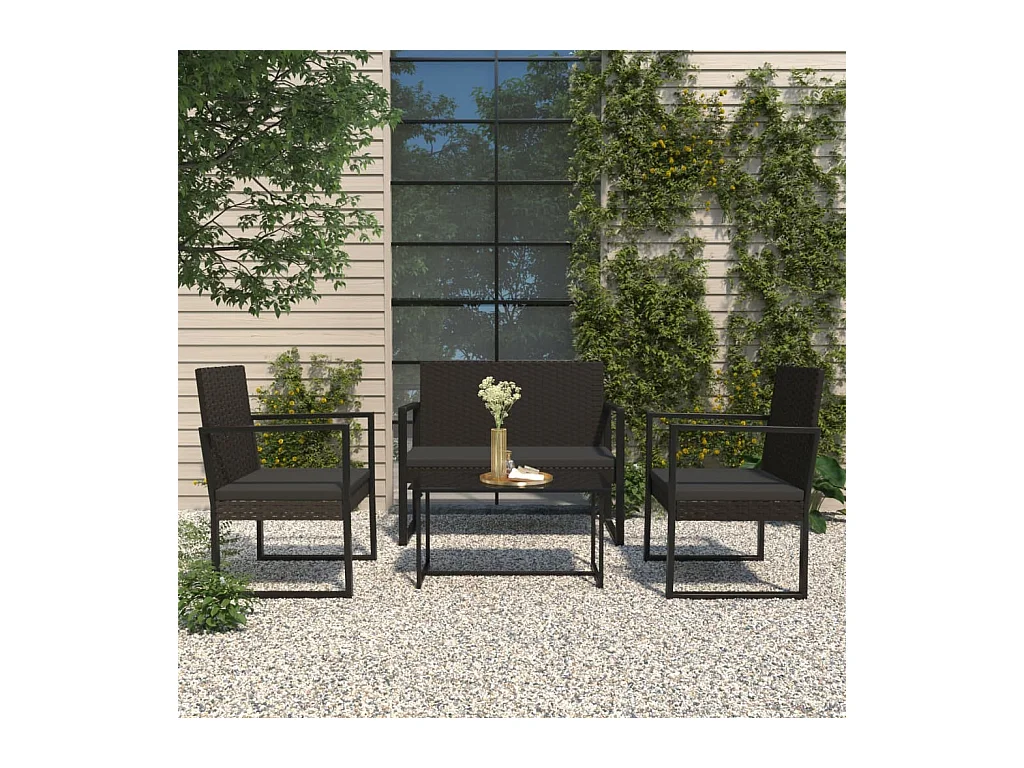 Salon de jardin 4 pcs avec coussins Noir Résine tressée