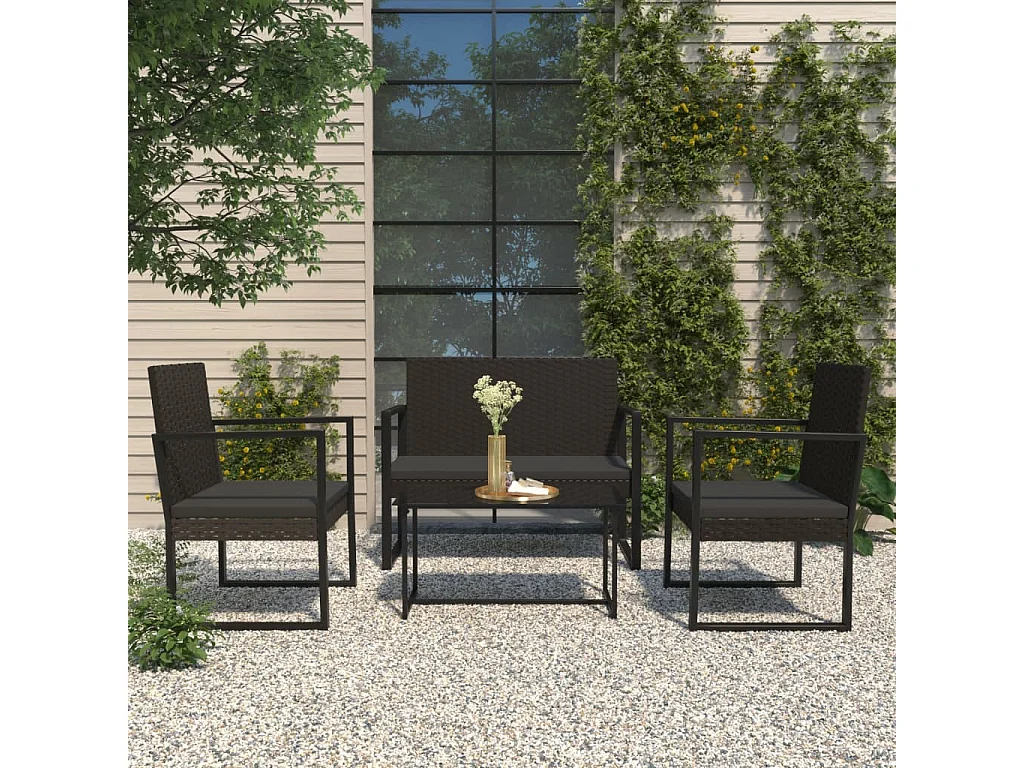Set Divani da Giardino 4 pz con Cuscini Nero in Polyrattan