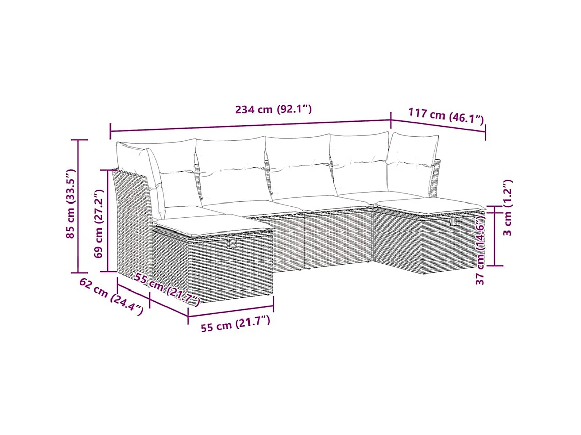 Salon de jardin 6 pcs avec coussins gris clair résine tressée