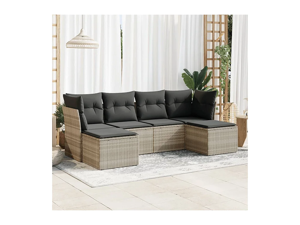 6-tlg. Garten-Sofagarnitur mit Kissen Hellgrau Poly Rattan