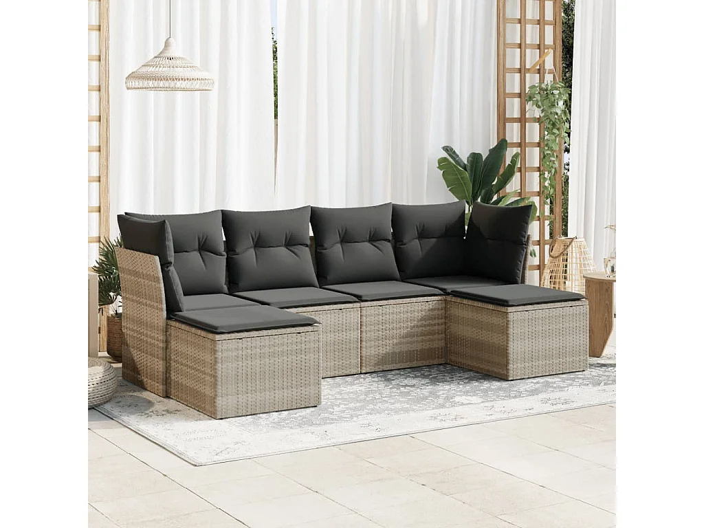 6-delige Loungeset met kussens poly rattan lichtgrijs