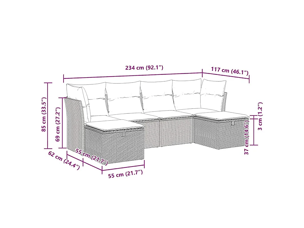 6-delige Loungeset met kussens poly rattan lichtgrijs