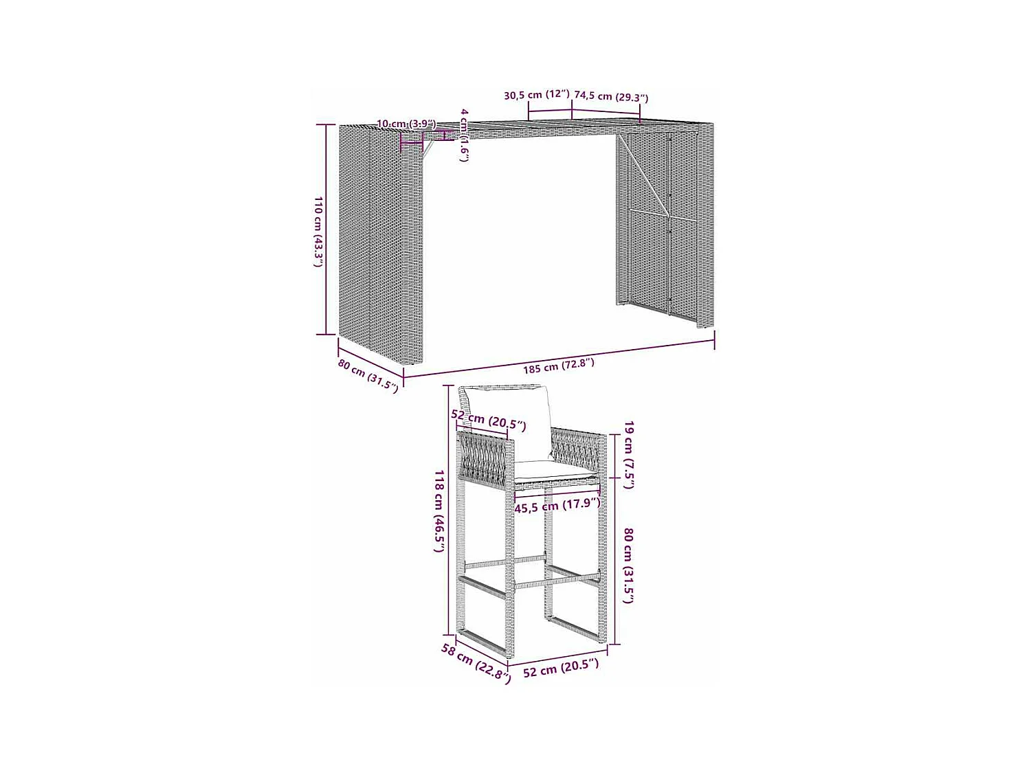 Ensemble de bar de jardin 7 pcs avec coussins gris poly rotin