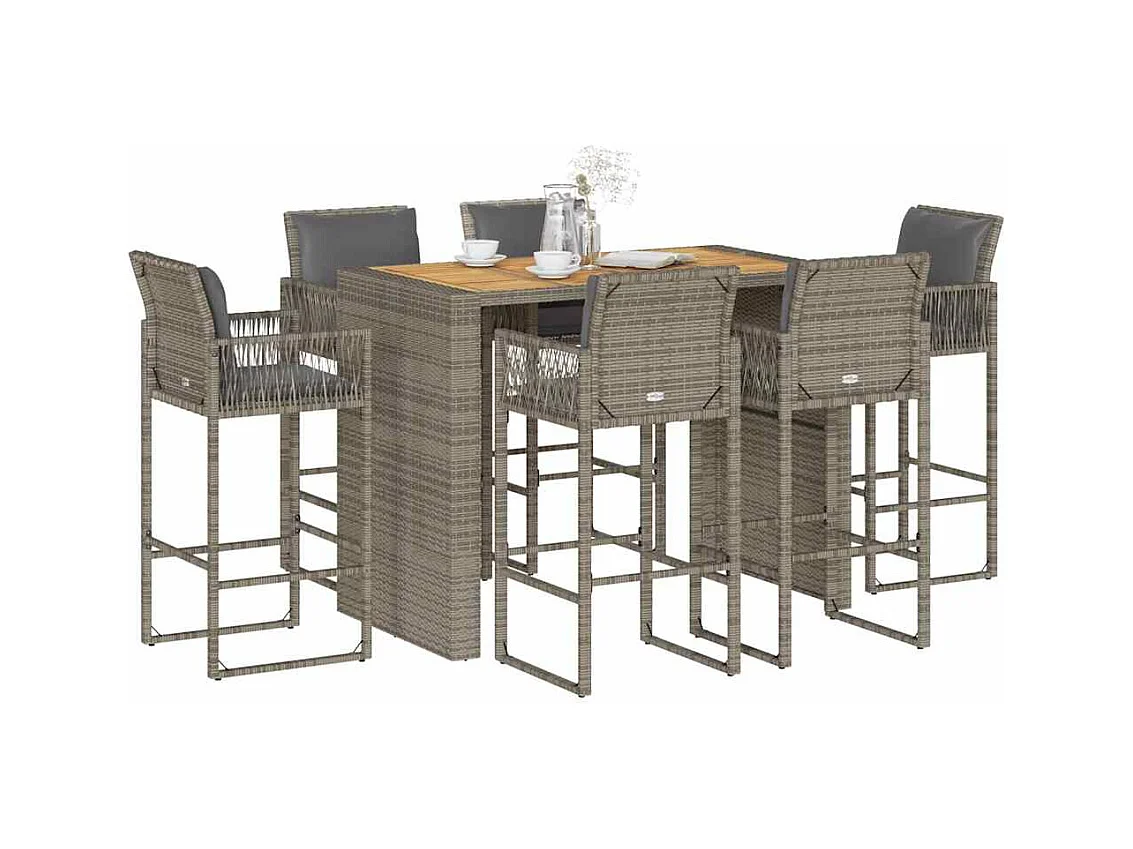 Ensemble de bar de jardin 7 pcs avec coussins gris poly rotin