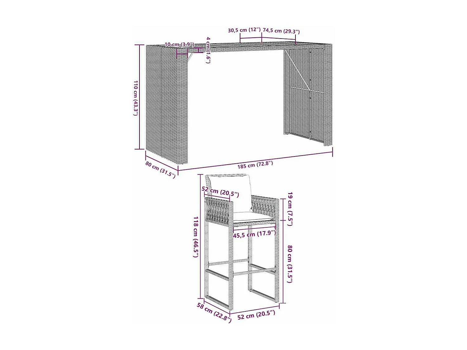 Ensemble de bar de jardin 7 pcs avec coussins gris poly rotin