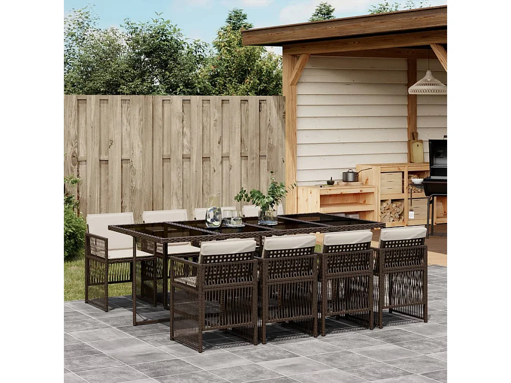 Ensemble à manger de jardin et coussins 9 pcs marron poly rotin