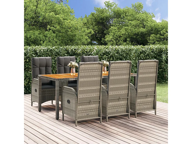 7-tlg. Garten-Essgruppe mit Kissen Grau Poly Rattan