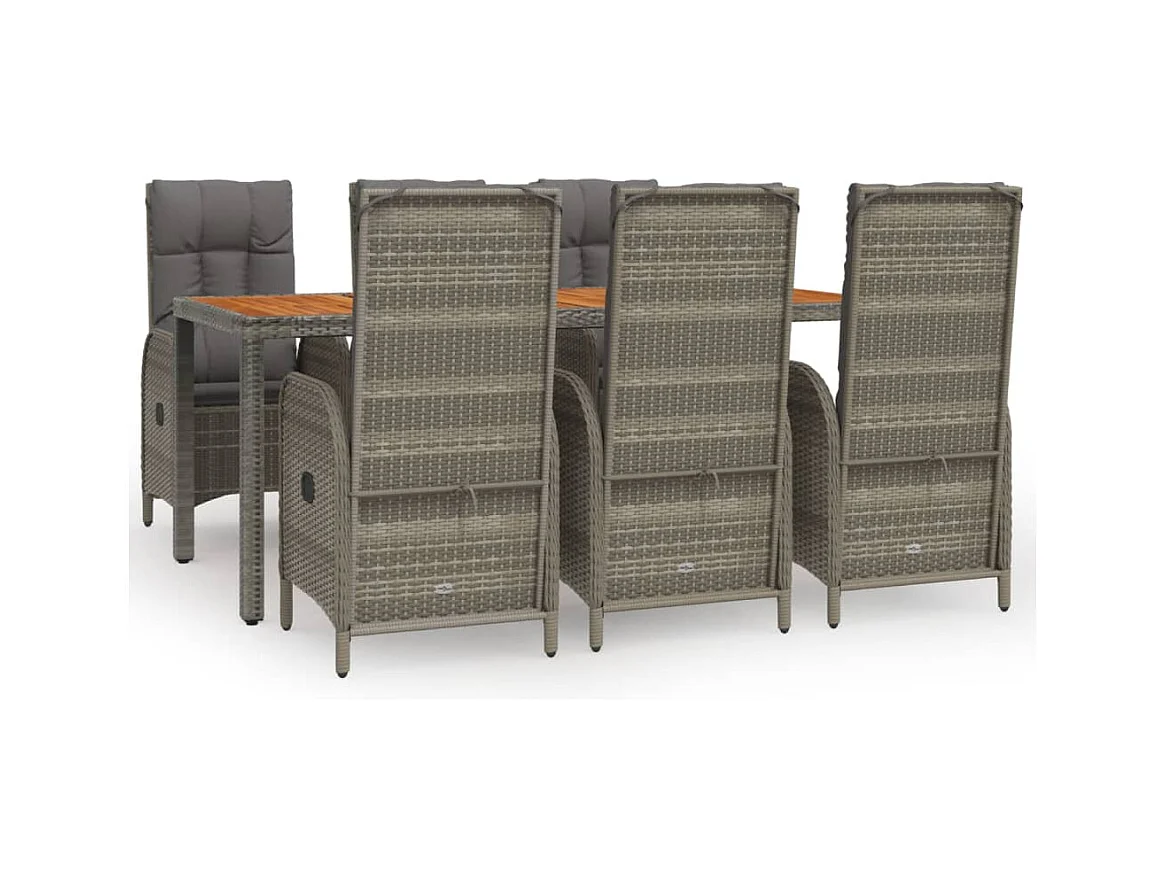 7 pcs conjunto de jantar p/ jardim c/ almofadões vime PE cinza