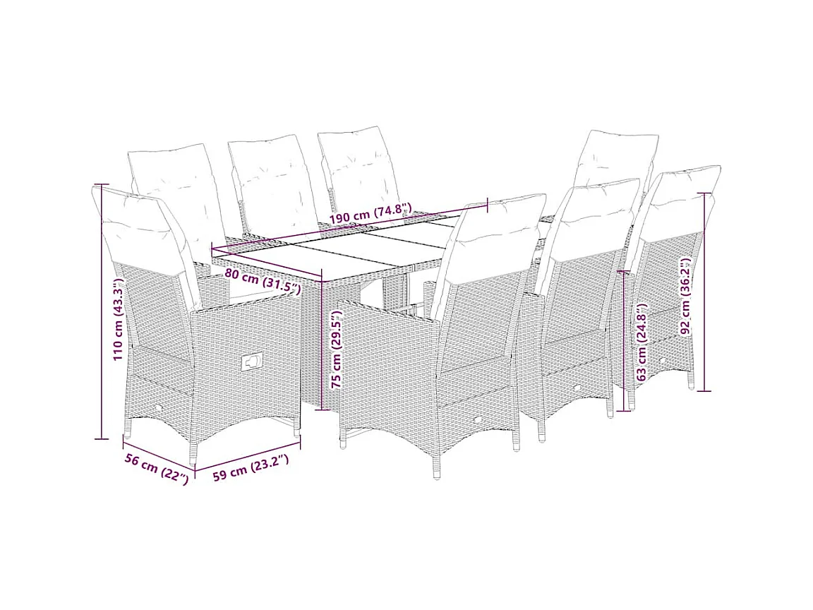 9-tlg. Garten-Essgruppe mit Kissen Schwarz Poly Rattan
