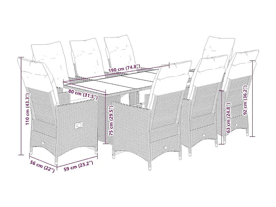 9-tlg. Garten-Essgruppe mit Kissen Schwarz Poly Rattan