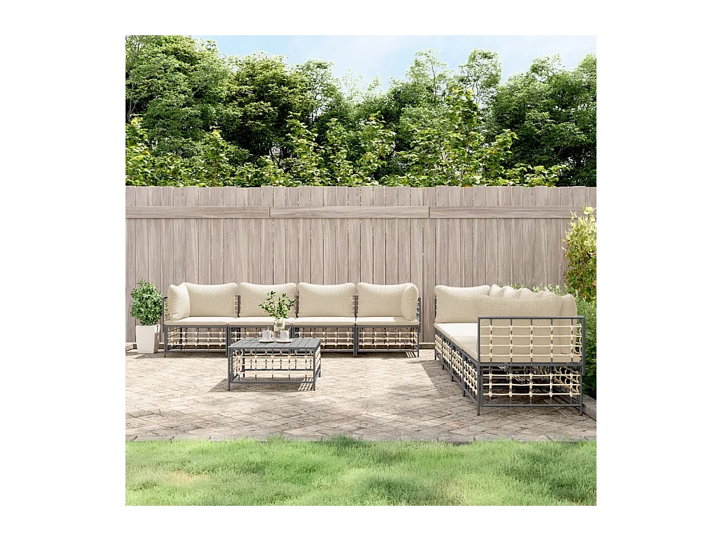 Salon de jardin 9 pcs avec coussins anthracite résine tressée