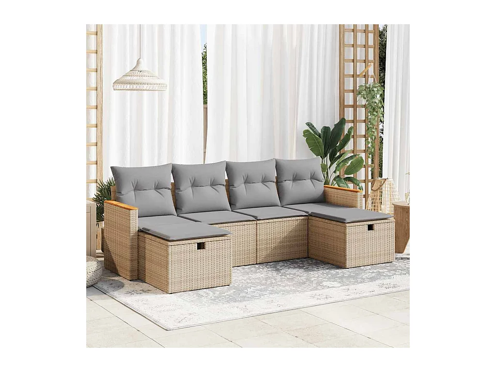 Juego de sofás jardín con cojines 6 pzas ratán sintético beige