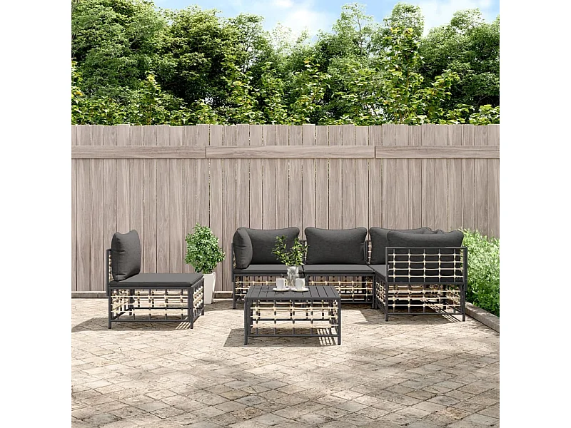 Salon de jardin 6 pcs avec coussins anthracite résine tressée