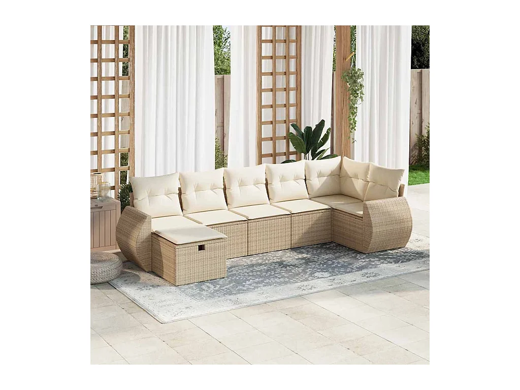 Salon de jardin avec coussins 7 pcs beige résine tressée