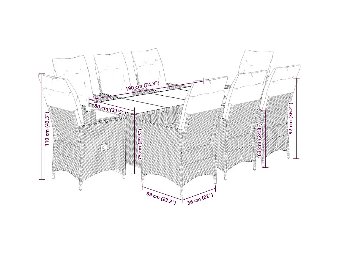 9-delige Tuinset met kussens poly rattan bruin