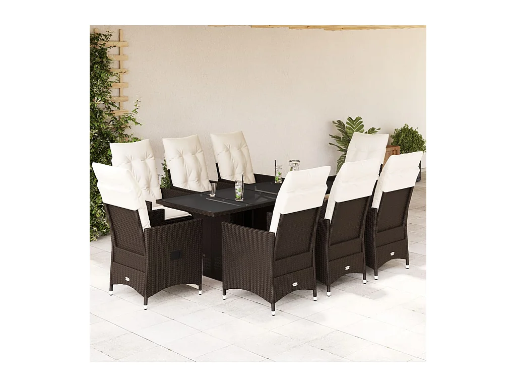 Ensemble à manger de jardin et coussins 9 pcs marron poly rotin