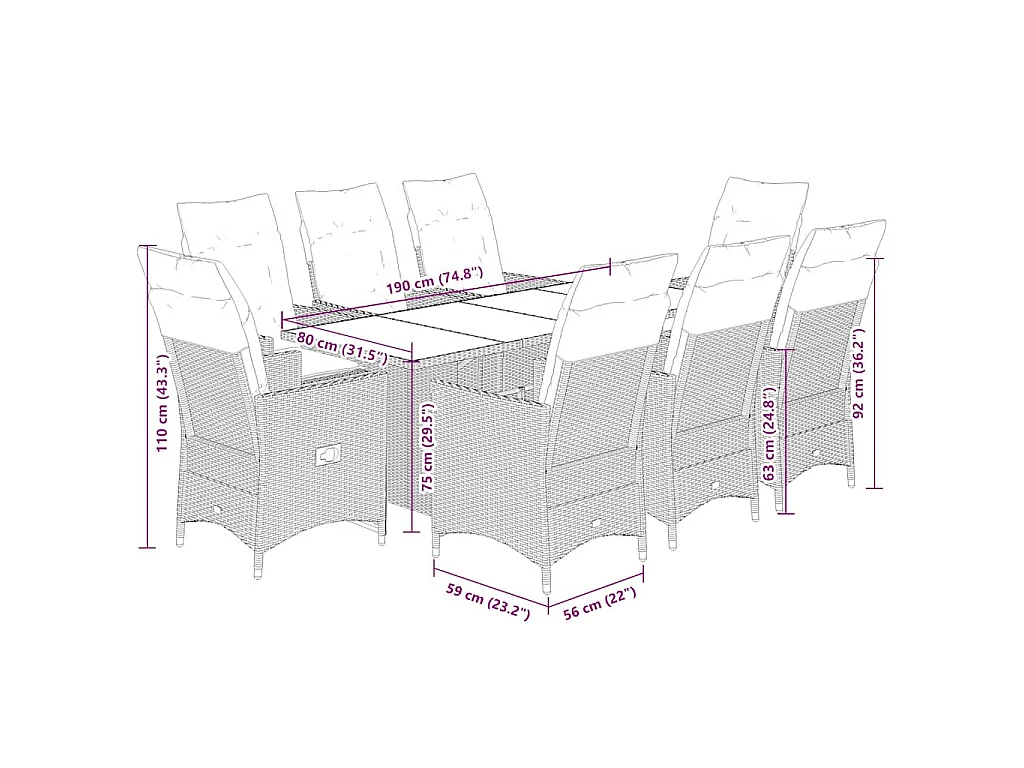 9-tlg. Garten-Essgruppe mit Kissen Braun Poly Rattan
