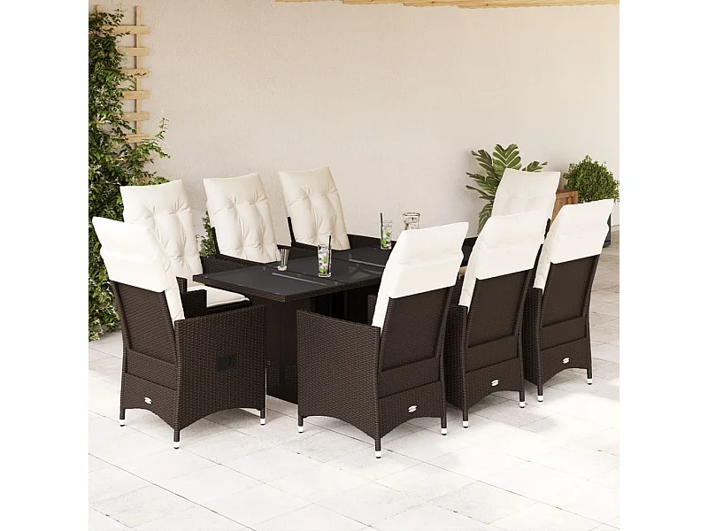 Set da Pranzo da Giardino 9pz con Cuscini Marrone in Polyrattan