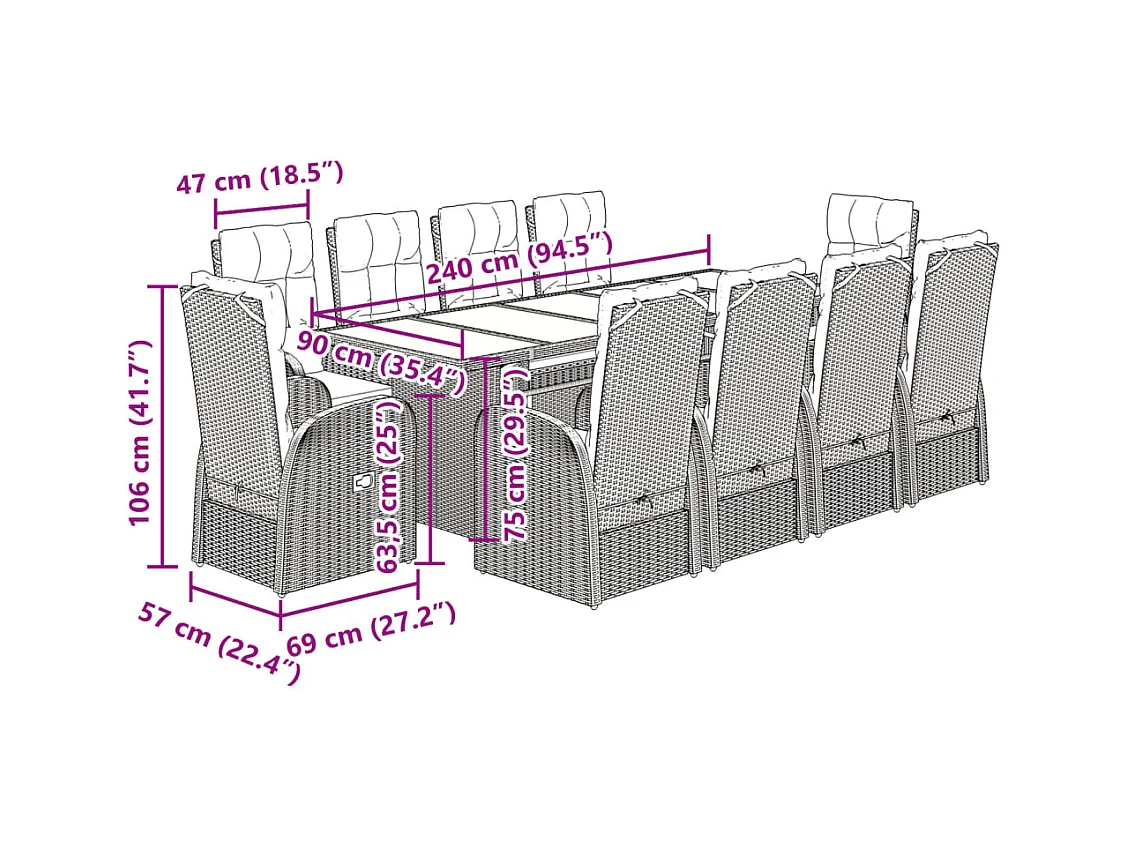Ensemble à manger de jardin 11 pcs coussins noir résine tressée