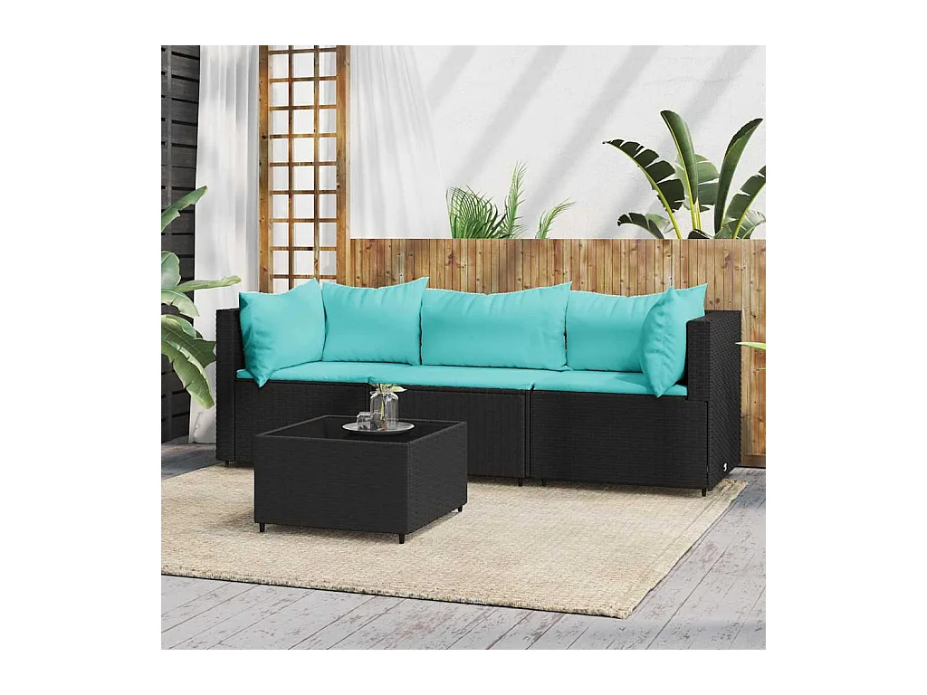 Salon de jardin 4 pcs avec coussins Noir Résine tressée
