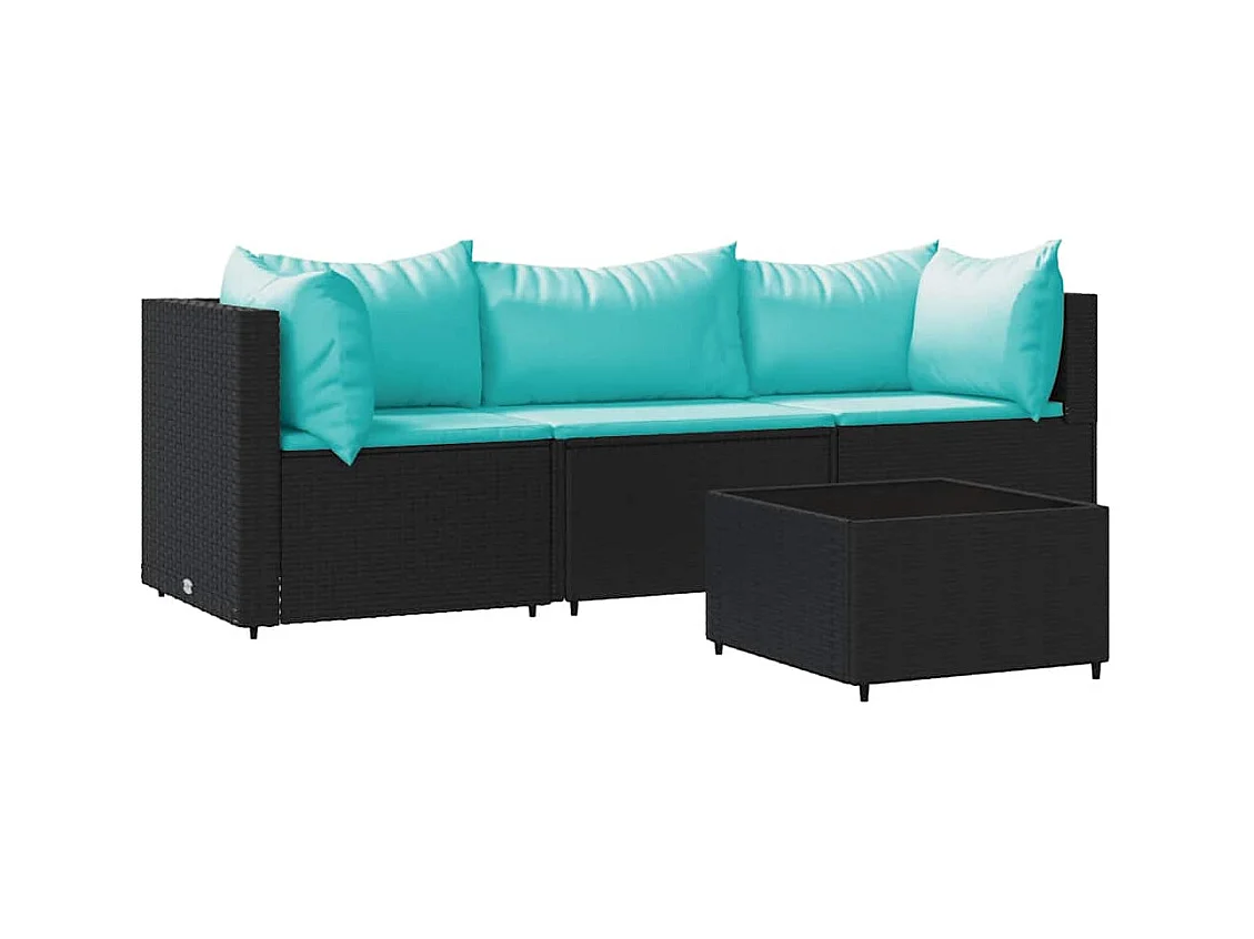Salon de jardin 4 pcs avec coussins Noir Résine tressée