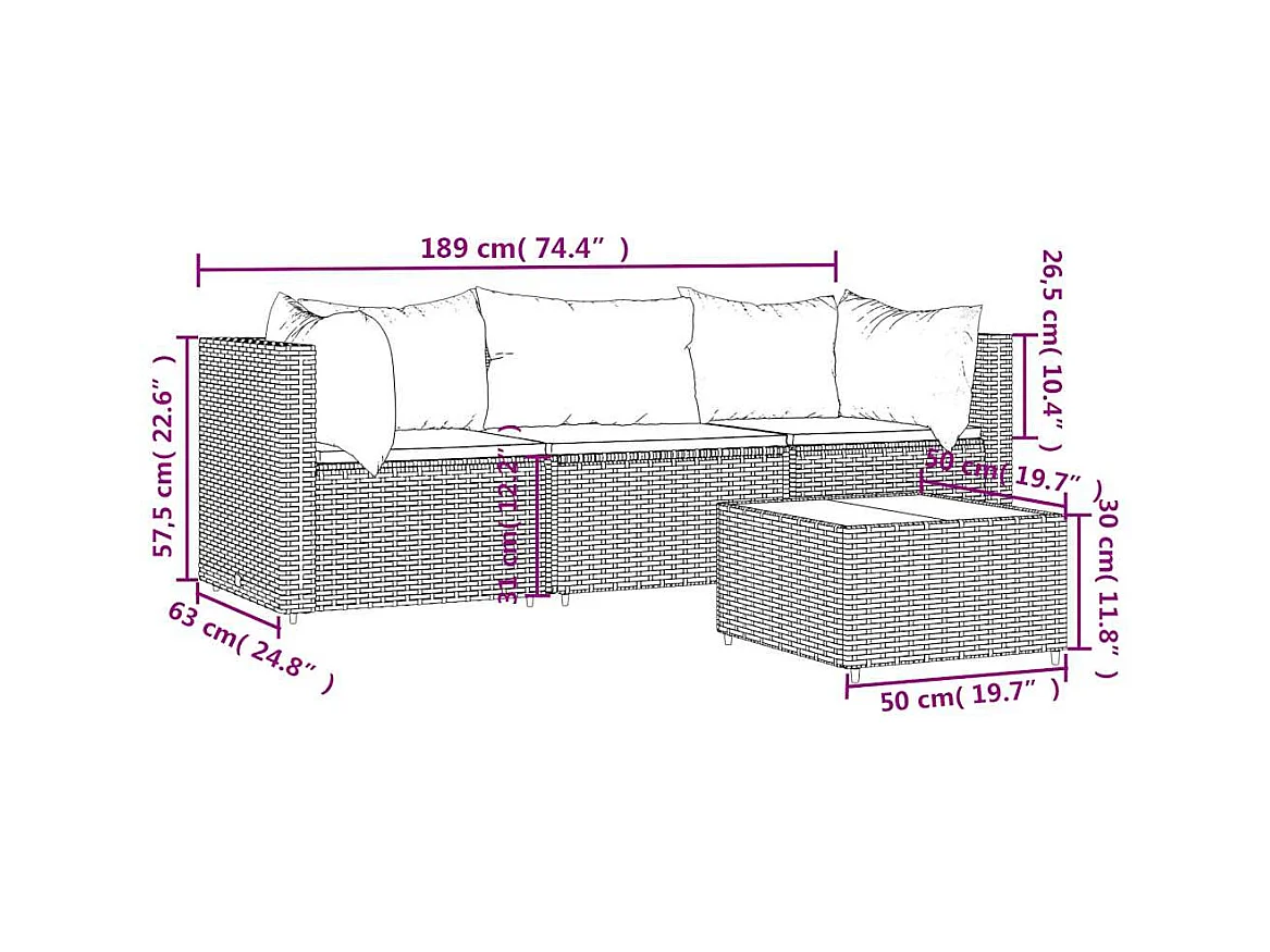 Salon de jardin 4 pcs avec coussins Noir Résine tressée