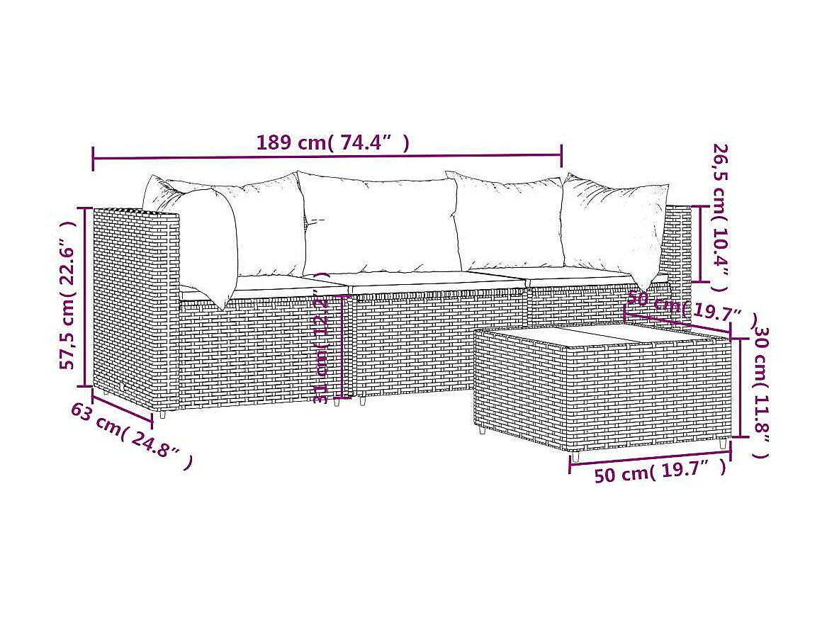 4-tlg. Garten-Lounge-Set mit Kissen Schwarz Poly Rattan