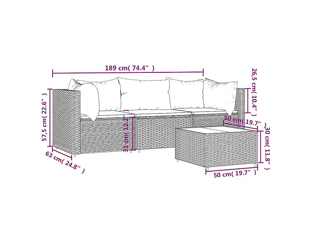 Set Divani da Giardino 4 pz con Cuscini Nero in Polyrattan