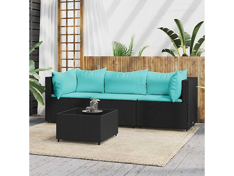 4-tlg. Garten-Lounge-Set mit Kissen Schwarz Poly Rattan
