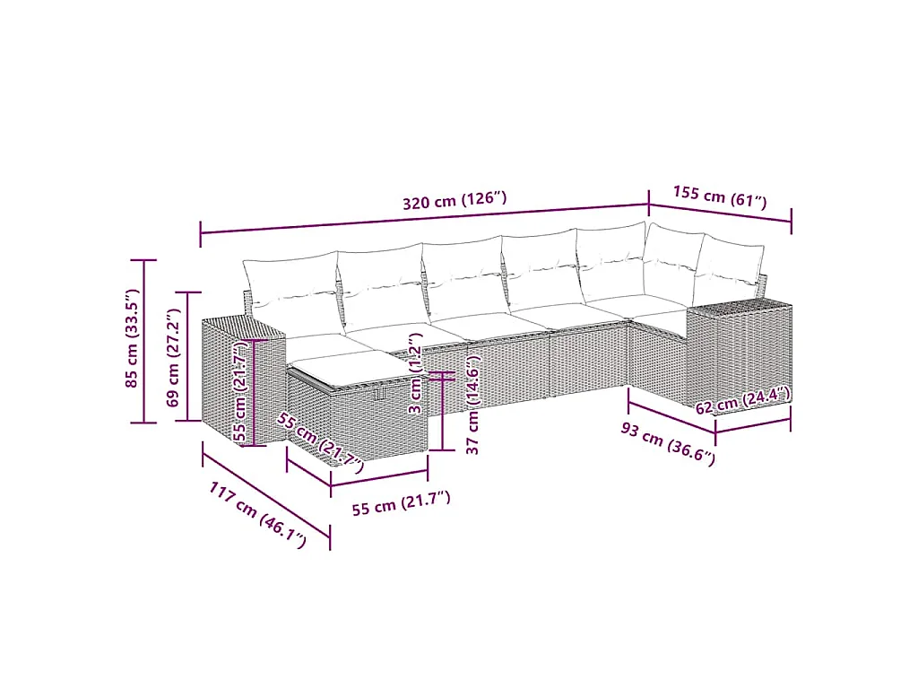 7-delige Loungeset met kussens poly rattan zwart