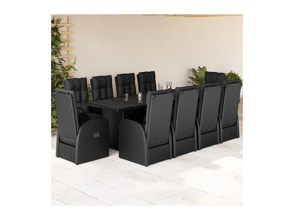 Ensemble à manger de jardin 11 pcs coussins noir résine tressée