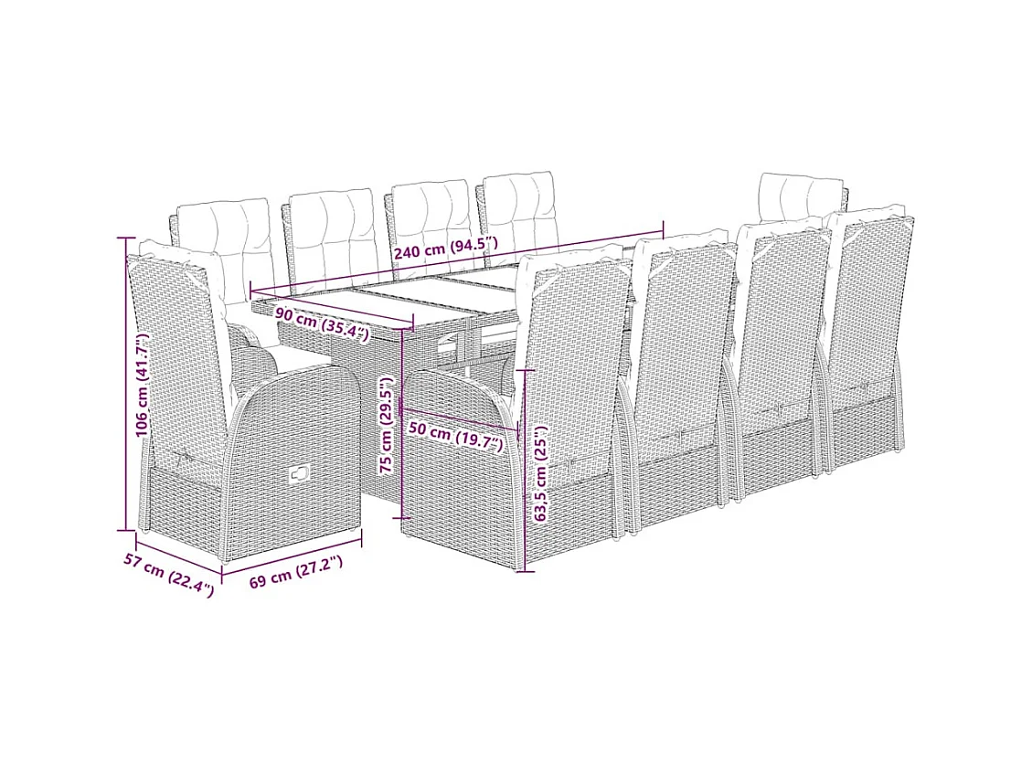 Ensemble à manger de jardin 11 pcs coussins noir résine tressée