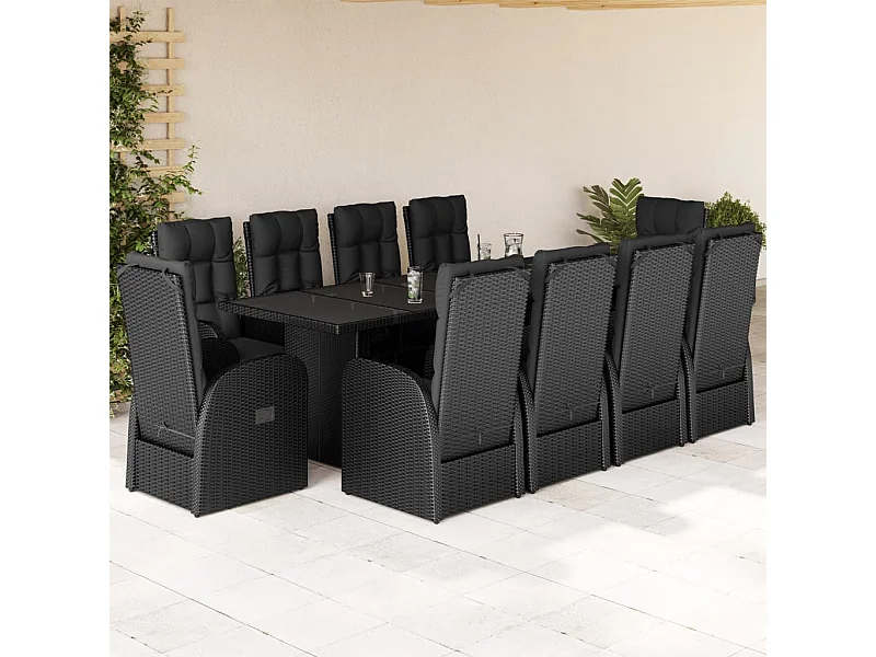 11-tlg. Garten-Essgruppe mit Kissen Schwarz Poly Rattan