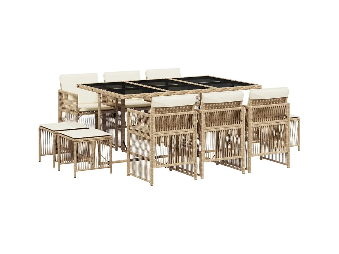 Set da Pranzo da Giardino 11 pz con Cuscini Beige in Polyrattan