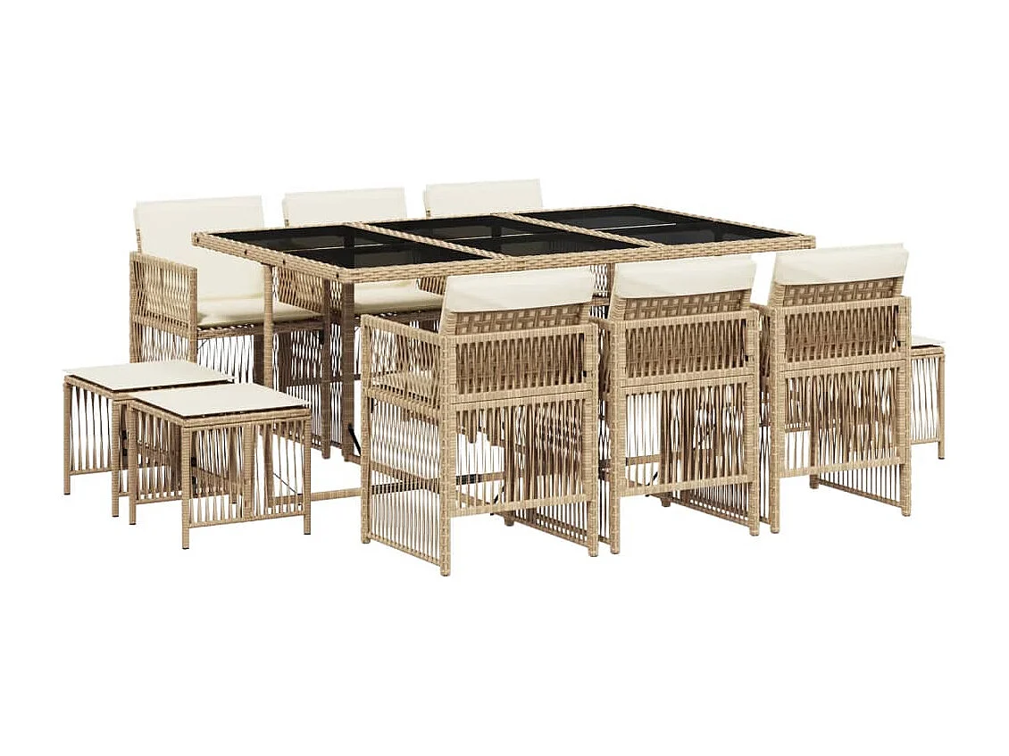 Ensemble à manger de jardin et coussins 11 pcs beige poly rotin
