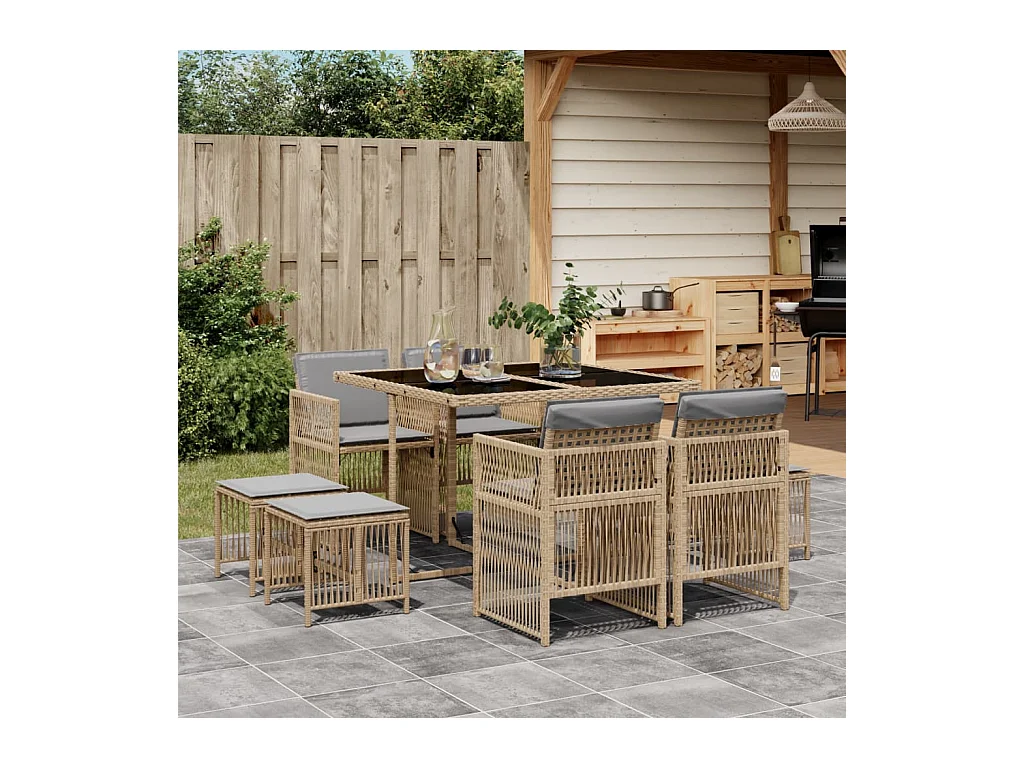 Ensemble à manger de jardin et coussins 9 pcs mélange beige