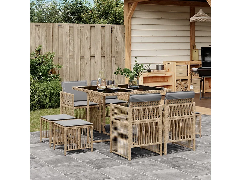 Set Pranzo da Giardino 9 pz con Cuscini Beige Misto Polyrattan
