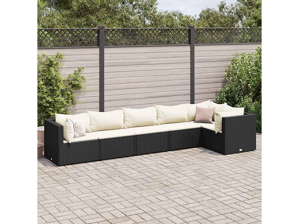 6 pcs conjunto lounge de jardim c/ almofadões vime PE preto