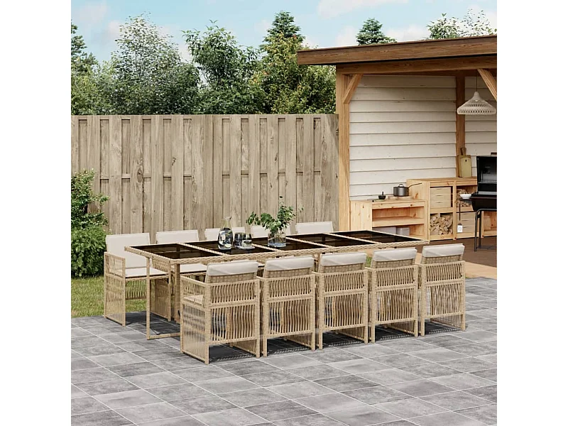 Set da Pranzo da Giardino 11 pz con Cuscini Beige in Polyrattan