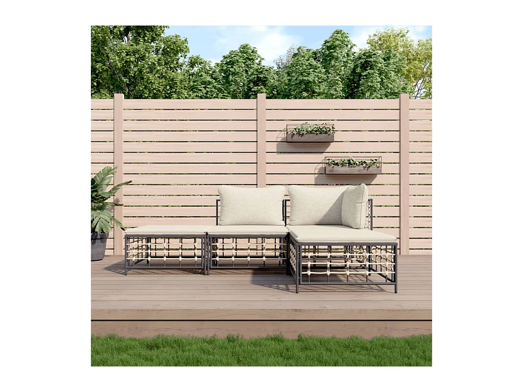 Salon de jardin 4 pcs avec coussins anthracite résine tressée