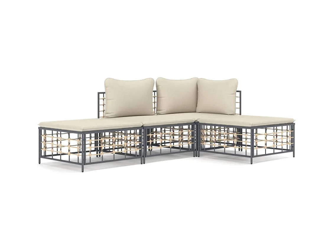 Salon de jardin 4 pcs avec coussins anthracite résine tressée